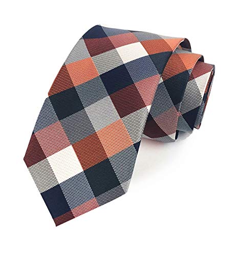 Secdtie Men's Classic Checks Dark Blue Grey Jacquard Woven Silk Tie Necktie (One Size, Orange Maroon Grey) - Thumbnail 5