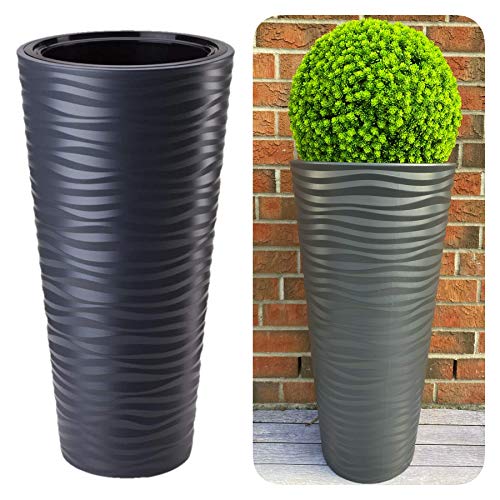 MELTOM Pflanzkübel Slim Rund 3D Effekt - Wellen - Farbe: Anthrazit mit Herausnehmbaren Einsatz, DxH: 40 x 79 cm