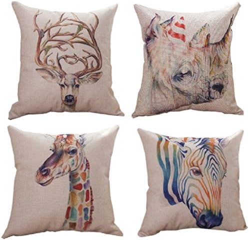 LGNL 4PCS Cotton Linen Square Decorative Throw Pillow Case Cushion Cover 18" x 18" Animal Series