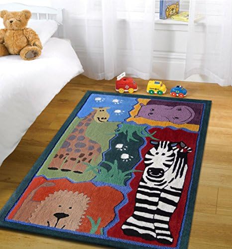 Kids Rug Blue with Zoo Animals Design, ~4ft X 6ft Hand Carved and Hand Tufted on Sale!