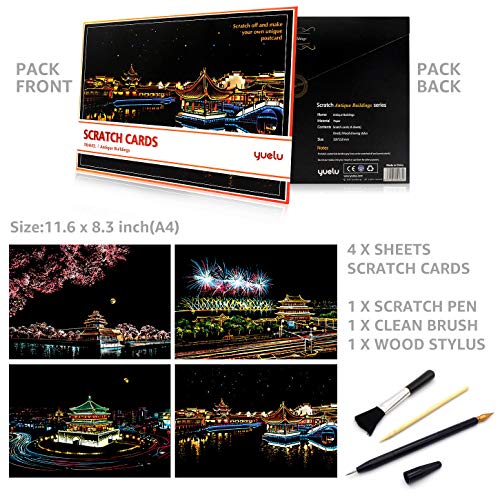 MUGIT Scratch&Sketch Art Paper(A4) for Kids&Adults, Rainbow Painting Night View Scratchboard, Art&Craft, Engraving Art Set: 4 Scratch Cards & Scratch Drawing Pen, Clean Brush (Antiquity Building)