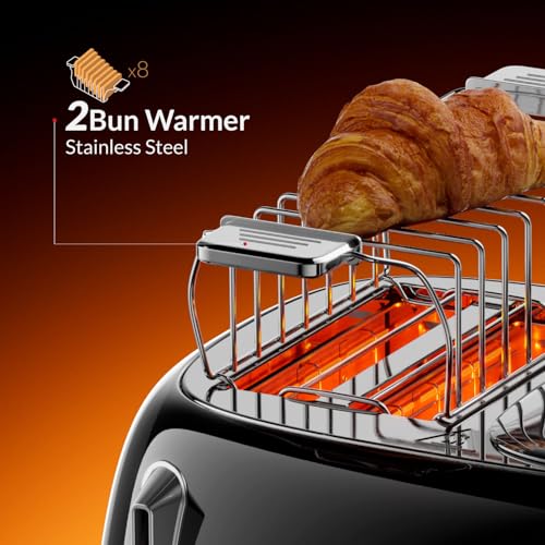 Feller Germany, Retro Style 4-Slice Toaster, 1630 W, Steel Body, 2 Dust Covers & 2 Bun Warmers, Defrost, Reheat, & Cancel Function, 4 Extra wide Bread Slots, Removable Crumb Tray, TO490 (Glossy Black)