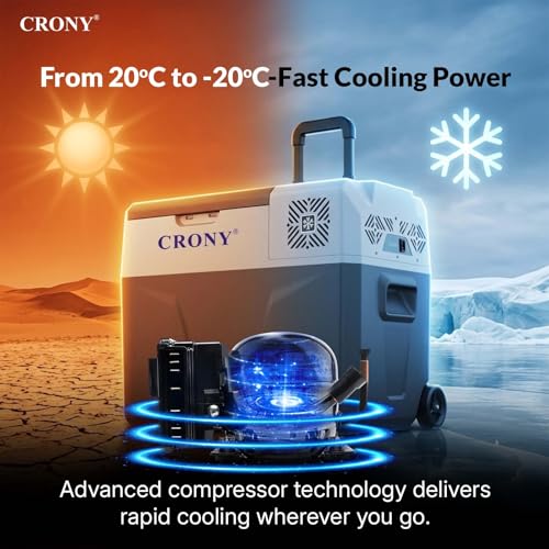CRONY Portable Car Refrigerator 40L DC/AC Car Fridge 12/24V Mini Fridge App-Controlled -20°C to 20°C Fast Cooling Car Cooler LED Control Panel with Trolley Wheels & Battery Protection