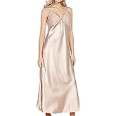ASHER FASHION Women's Sexy Satin Long Nightgown Lace Slip Lingerie Chemise Robes