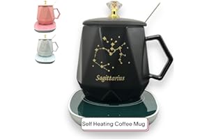 RedRoko Zodiac Sign Star Self Heating Coffee Mug - Astrology Coffee Mugs, Constellation, Astrology Zodiac Signs, Coffee Warmer Mug, Ceramic Coffee Mug with Hot Plate, Spoon & Lid - Sagittarius - Black