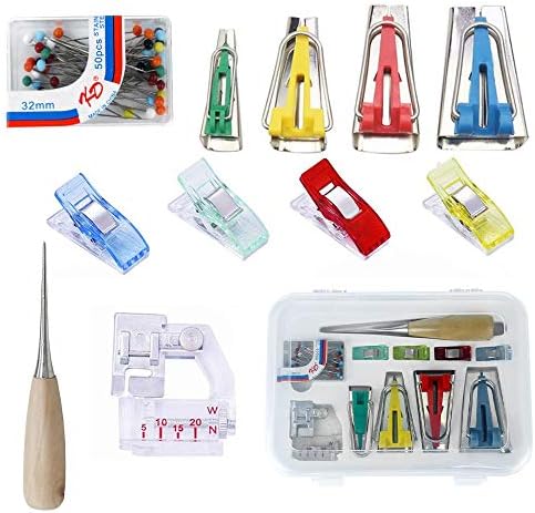 SUNTA Fabric Bias Tape Makers Kit with Sewing Awl, Bead Needles, Adjustable Binder Clip, Foot Press -Practical Bias Tape Maker Set