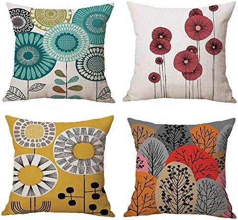 Cotton Linen Throw Pillow Case Cushion Covers - Decorative Flower Of Life 18 x 18 inches Set Of 4 Pcs - Perfect For Home Office Couch Livingroom Sofa Bed