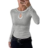 Ninimour Women Long Sleeve Shirt Going Out Top Rhinestone Sequin Keyhole Neck Knit Ribbed Slim Casual T-Shirt