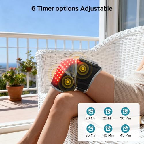 GINEKOO Red Light Therapy Knee Massager Brace – 660nm & 850nm Near-Infrared Light Devices, 4-Motor Deep Vibration Massage with Heating & Red Light Pulse Mode, 5000mAh Cordless Knee Pain Relief for Home & Office