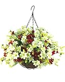Lopkey Artificial Daisy Flowers Outdoor Indoor Patio Lawn Garden Hanging Basket with Chain Flowerpot,White-Red
