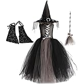 IBAKOM Girls' Bat Sleeve Witch Hat Broom Scary Witch Dress Toddler Halloween Cosplay Outfit
