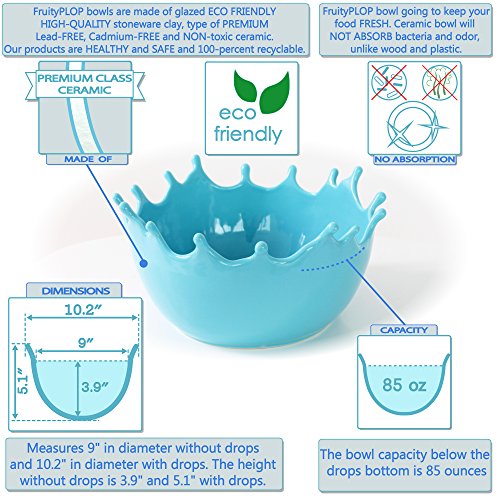 Premium Large Salad Bowl - Serving Bowl - Fruit Bowl - Candy Dish - Decorative Centerpiece Bowl - Best for Serving Fruit Salad Candy Popcorn Punch Chips Pasta - Unique Modern Design - Ceramic (Blue) - Thumbnail 2
