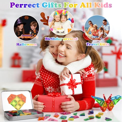 Euakee Magnetic Tiles, Travel Magnetic Building Blocks Set, Mini Magnetic Tiles, Building Toys with Iron Box for Boys and Girls, Montessori Toy (A)