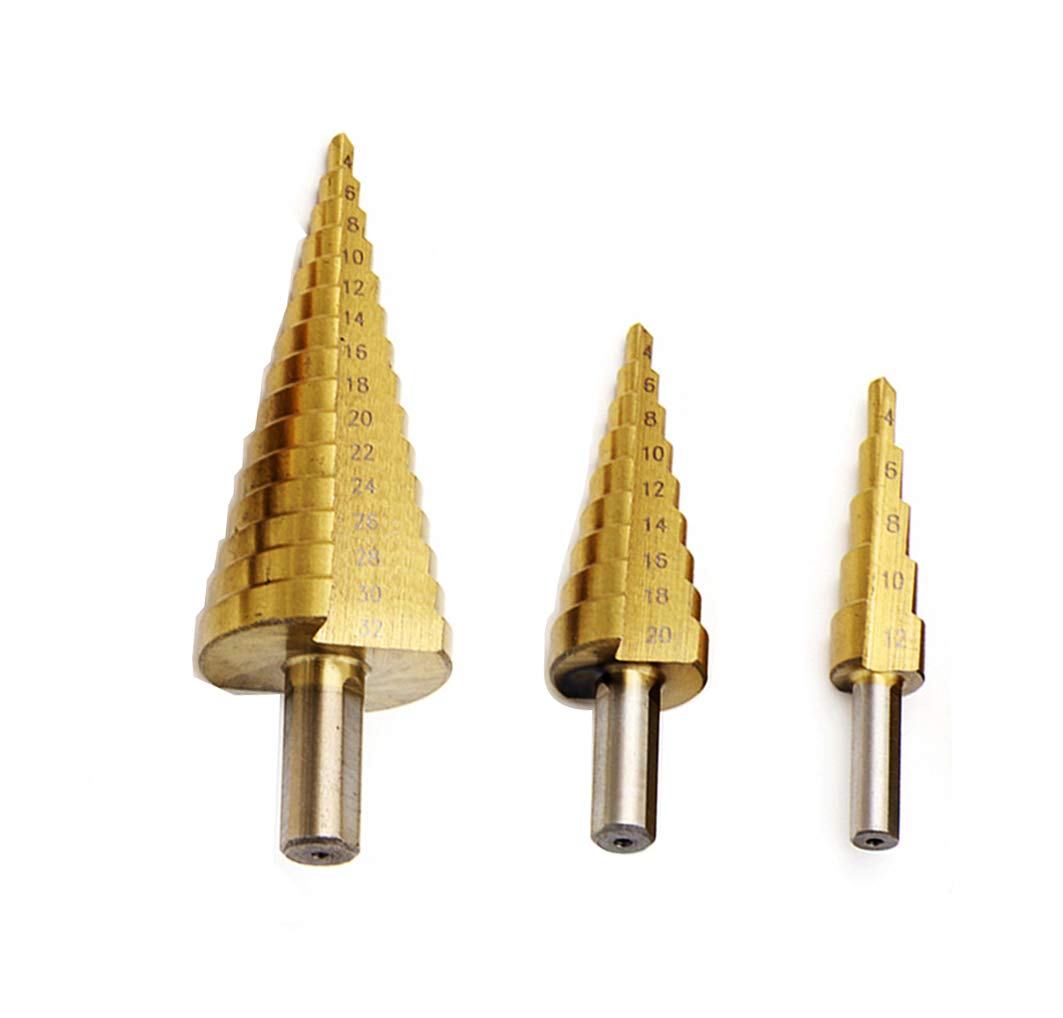 Meichoon HSS Step Cone Drill Bit Set 3 Piece Set 4-12mm/4-20mm/4-32mm, Titanium Coated 4241 HSS Hex Shank Pagoda Drill (Triangle Handle)
