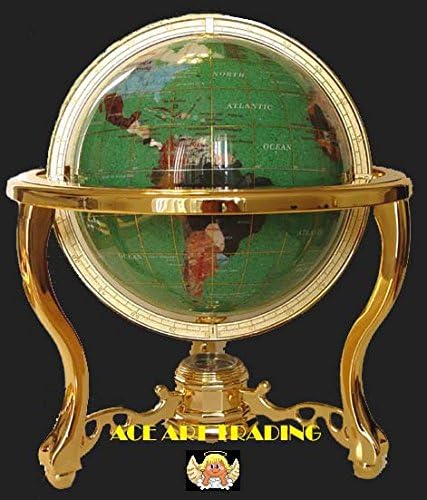Collector's Edition14" Tall Green Crystalite Ocean Tripod Gold Leg Table Stand Gem Gemstone World Map Globe Globes Maps