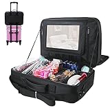 Travelmall 3 layer Black Multi -Functional Professional Makeup Train Case Cosmetic organizer Artist Box for Makeup Brush Hair style nail beauty tool Attach to Trolley With Mirror for Travel