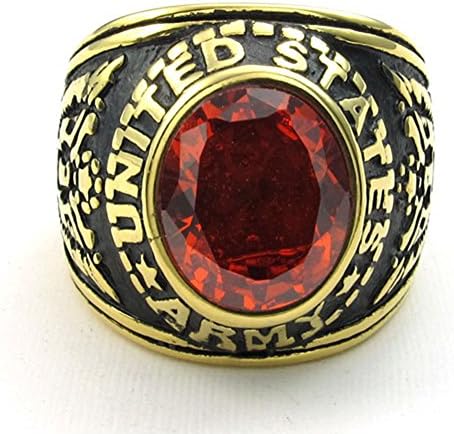TEMEGO Mens Stainless Steel Red Cubic Zirconia Oval Garnet Gemstone Ring,Vintage Eagle US Army Symbol Band