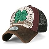 ililily Four Leaf Clover Patch Faux Leather Brim Trucker Hat Baseball Cap, Brown
