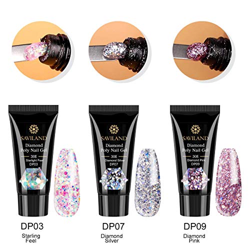 Saviland Glitter Poly Nails Gel Kit, 3 Colors 30ml Diamond Builder Gel