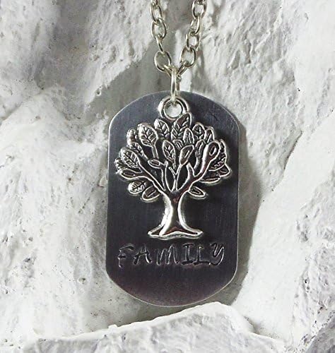 Hand Stamped Mini Dog Tag - Family with Tree of Life Charm