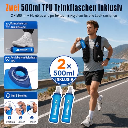 ONETOALL Running Vest for Men and Women with Two 500 ml Water Bottles, Adjustable Running Vest with Running Light for Better Visibility, Breathable Running Backpack, Hydration Backpack for Running