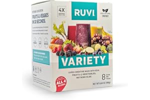 """Ruvi Fruit & Veggie 30-Second Smoothies, Freeze Dried Powder Mix with Nothing Added, Variety Pack of 8. 2 Tropical, 2 Sweet Berry, 2 Tart Berry, 2 Sweet Greens."""