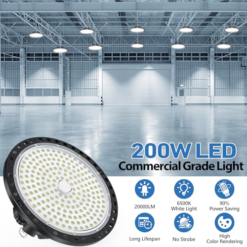 UFO LED Spotlight – 2 Pieces 200 W 20000 LM UFO Industrial Workshop Lamp with LED Transformer, IP65 Waterproof 6500 K Cool White Garage Lamp for Factory, Workshop, Barn, Shop