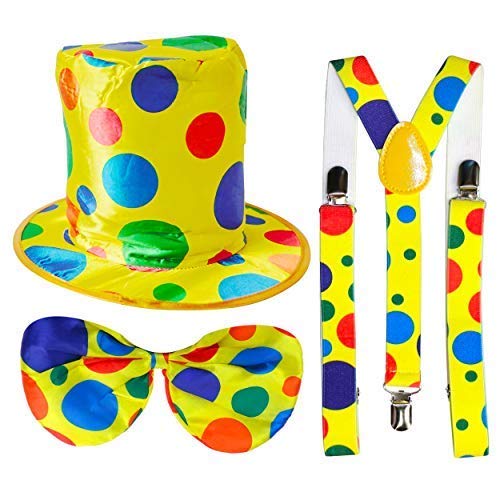 Robelli Multicolour Oversize Yellow Polka Dot Clown Top Hat + Elasticated Bow Tie + Braces