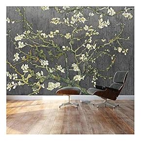 "Almond Blossom by Vincent Van Gogh - Floral Painting on a Rich Black Textured Background - Wall Mural, Removable Sticker, Home Decor - 66x96 inches