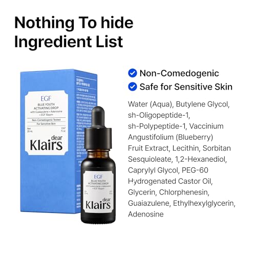 DearKlairs EGF Serum - Blue Youth Activating Drop, 1.69 Fl Oz | Barrier Repair & Post-Blemish Marks, Sensitive Skin-Friendly, Daily Calm & Soothe, Korean EGF serum