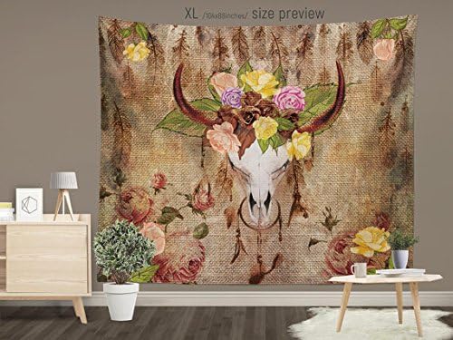 Cool Bedding Dream Catcher Skull Tapestry. Boho Chic Bull Skull Tapestry. Sugar Skull Wall Hanging. Boho Wall Tapestry. (XS 45"Wx38"L/114x96cm $53)