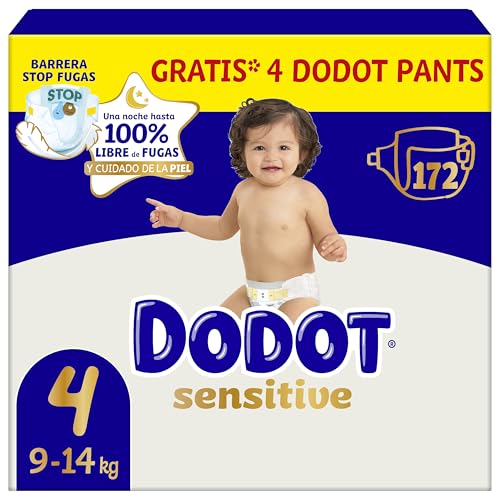 Pañales Bebé Sensitive Talla 4, 172 Pañales, 9kg - 14kg, Óptima Protección de la Piel de Dodot