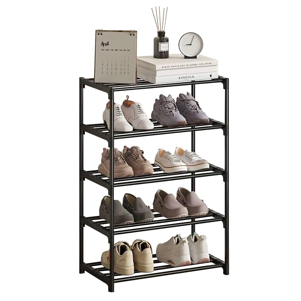 XIANGLV 5-Tier Shoe Rack, Small, Slim, Anti-Rust Coating, Suitable For Dormitory, Rental House, Balcony, Stackable Narrow Shoe Shelf (Black)