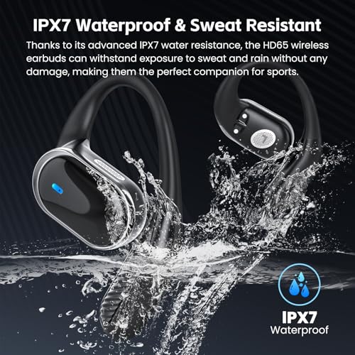 Open Ear Wireless Earbuds Bluetooth Headphones, 80H Playtime Stereo Ear Buds with ENC Noise Cancelling, Fast Charging, IPX7 Waterproof Sports Earphones with Earhook for Running/Workouts (Black)