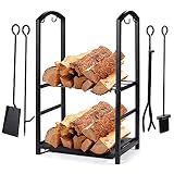 Syntrific Fireplace Log Rack with 4 Fireplace Tools Fireplace Log Holder for Indoor and Outdoor Heavy Duty Steel Black Fireplace Log Rack Wrought Iron Logs Bin Holder for Fireplace Tool Set