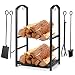 Syntrific Fireplace Log Rack with 4 Fireplace Tools Fireplace Log Holder for Indoor and Outdoor Heavy Duty Steel Black Fireplace Log Rack Wrought Iron Logs Bin Holder for Fireplace Tool Set primary