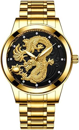 WoCoo Mens Wrist Watches,Luxury Golden Analog Quartz China Dragon Pattern Dial Watch with Stainless Steel Strap Wristwatch