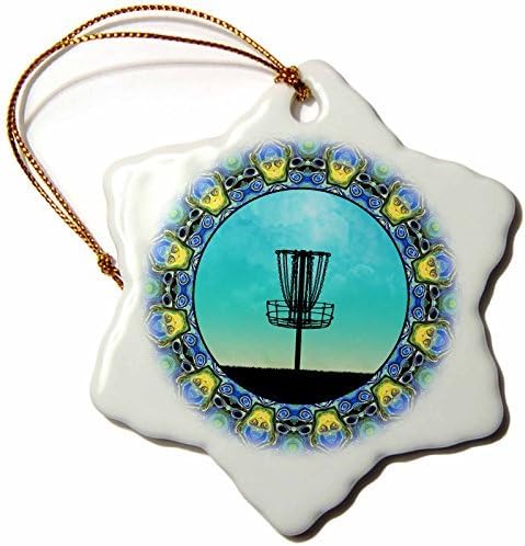 Phil Perkins - Disc Golf - Disc Golf Abstract Basket - blue and green disc golf graphic design - 3 inch Snowflake Porcelain Ornament (243471_1)