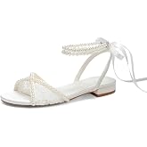 Pickshoes Lace Wedding Flats for Bride Pearl Sandals Wedding Shoes Flat Bridal Shoes