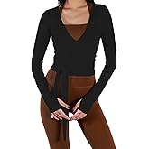 Women Ballet Wrap Tops Going Out Slim Fit V Neck Workout Yoga Pilates Top Tie Up Long Sleeve T Shirt with Fingers