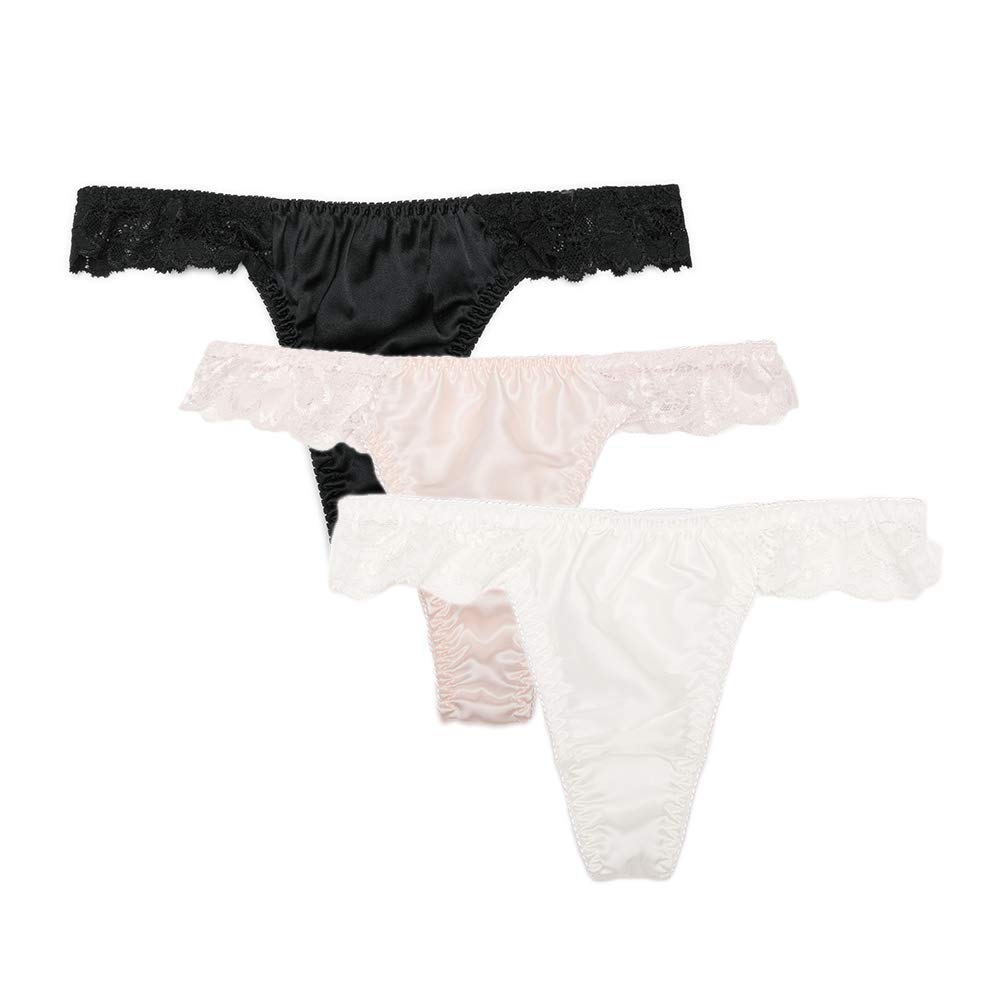 3 Pack Women’s Lace 100% Pure Silk G String Thongs Fine Satin Fabric ...