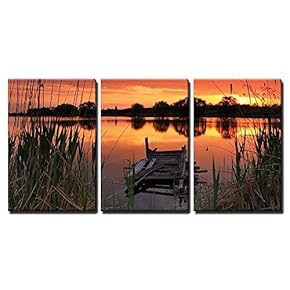 3 Piece Canvas Wall Art - Old Bridge on Sunset on The Lake - Modern Home Art Stretched and Framed Ready to Hang - 16"x24"x3 Panels