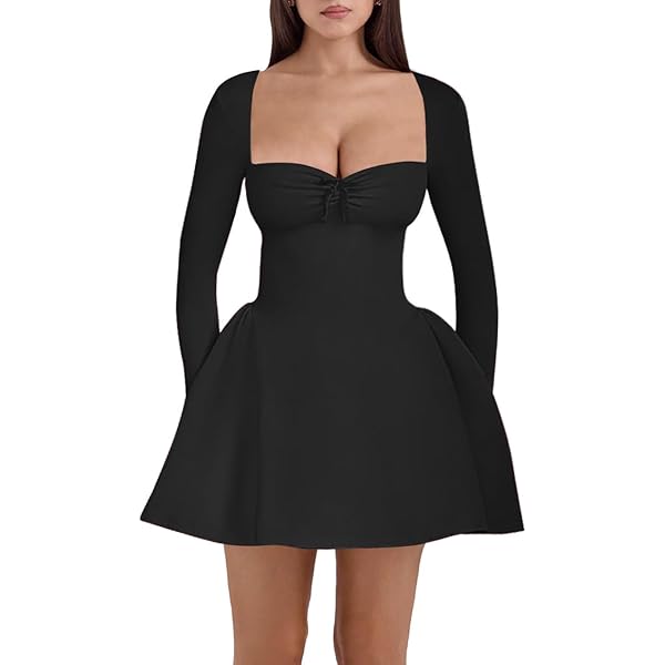 Amazon.com: DinDinCAT Women's Square Neck Bodice Dress Sleeveless Sexy Bow  Party Club A Line Ruffle Hem Flare Mini Dresses Black S : Clothing, Shoes &  Jewelry