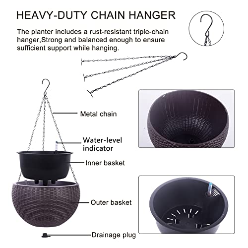 Vencer 11 Inch Round Resin Rattan Hanging Planters,Self Watering