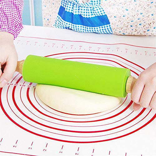Axiba Silicone Rolling Pin Non-Stick Surface Wooden Handle for Kid Kitchen Cooking Baking Tool (Red)