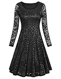 VALOLIA Women's Vintage Floral Lace Long Sleeve Round Neck A-line Cocktail Party Midi Dress