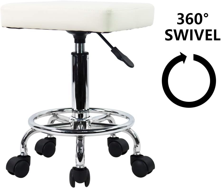 KKTONER Square Rolling Stool with Foot Rest PU Leather Height Adjustable Medical Spa Drafting Salon Tattoo Work Swivel Stools Task Chair Small (White): Kitchen & Dining