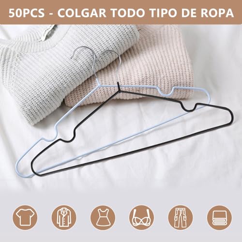 MXHIGO 50Pcs Ganchos de Acero Aleado con Recubrimiento de Goma Antideslizante, 40CM Ganchos para Ropa con Ranuras, Antióxido y Duradero, Perchas para Pantalones, Vestidos, Camisa, Abrigos de Adultos