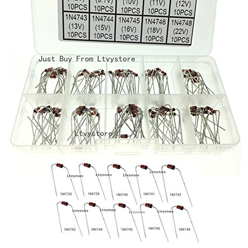 Zener Diodes Kit, 1W Axial Leads Through Hole Power Diode Assorted Assortment Box Kit Set (8.2V/9.1V/10V/11V/12V/13V/15V/16V/18V/22V), Range 1N4738~1N4748,Pack of 100, by Ltvystore