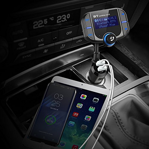 HiGoing Bluetooth FM Transmitter for Car, Wireless Radio Adapter Receiver with QC3.0 USB Ports, 1.7 Inch Disply and Hand-Free Calling, Suport TF Card, AUX Output/Input